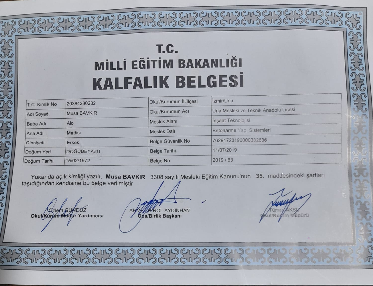 Kalfalık BElgesi